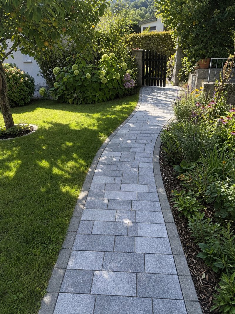 Geschwungener Gartenweg aus Granitpflaster zwischen Beeten