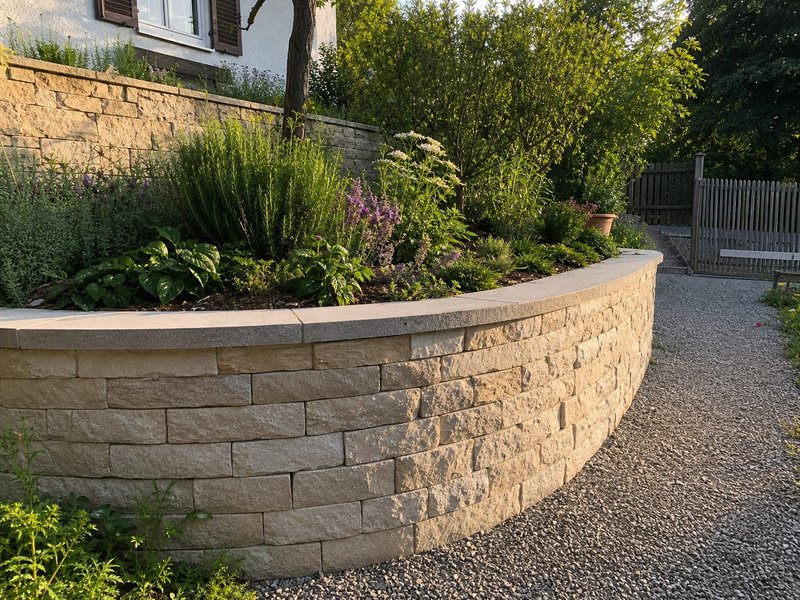 Geschwungene Natursteinmauer als Hochbeet im Garten