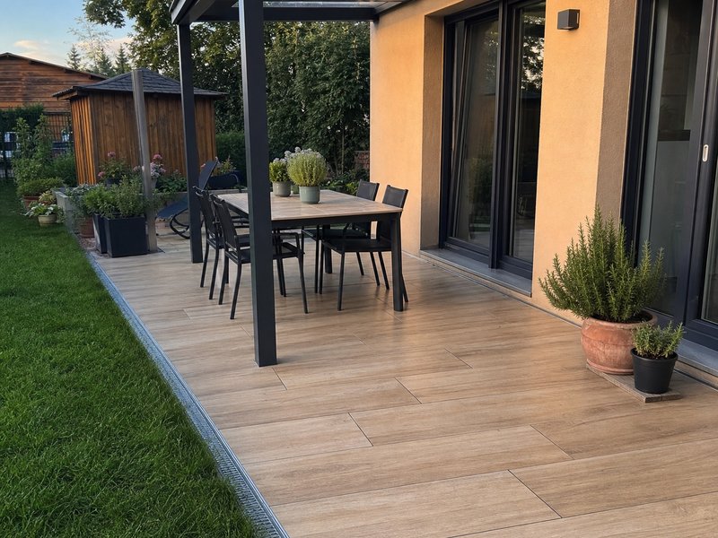 Fertige überdachte Terrasse mit Holzoptikplatten und Gartenmöbeln