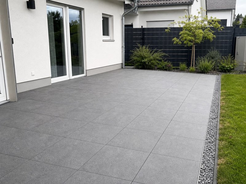 Moderne graue Terrasse mit Kiesstreifen und Garten