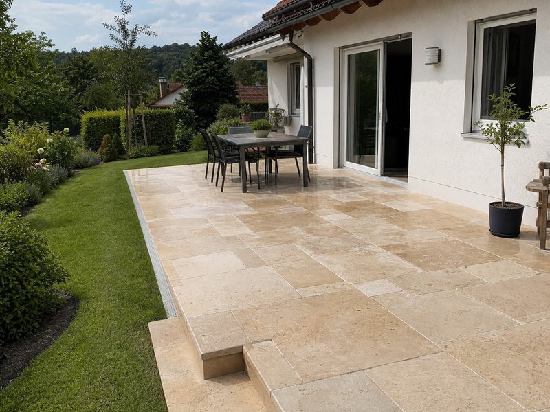 Moderner Terrassenbereich mit Natursteinplatten und Garten